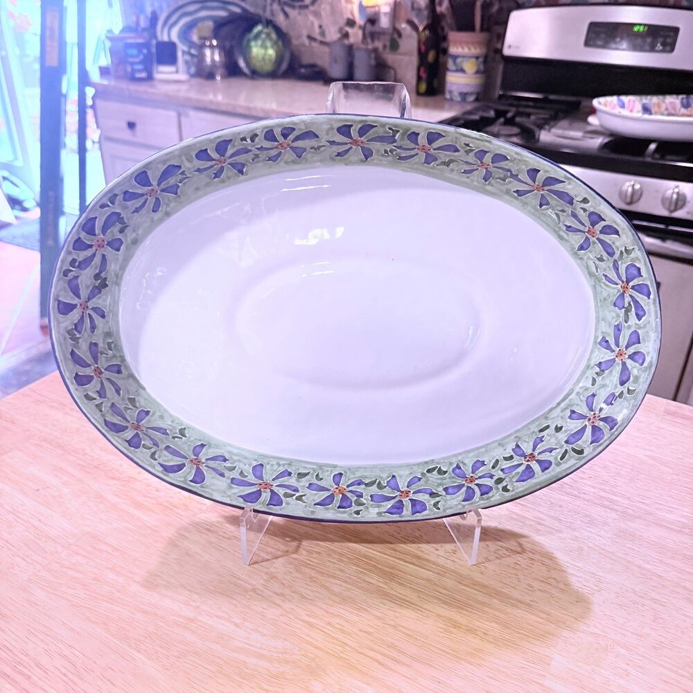 Vintage Mexican Terracotta Serving Platter – Hand-Painted Floral Dish (14" Oval)